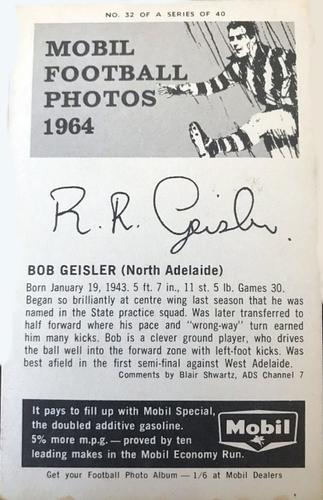 1964 Mobil Football Photos SANFL #32 Bob Geisler Back